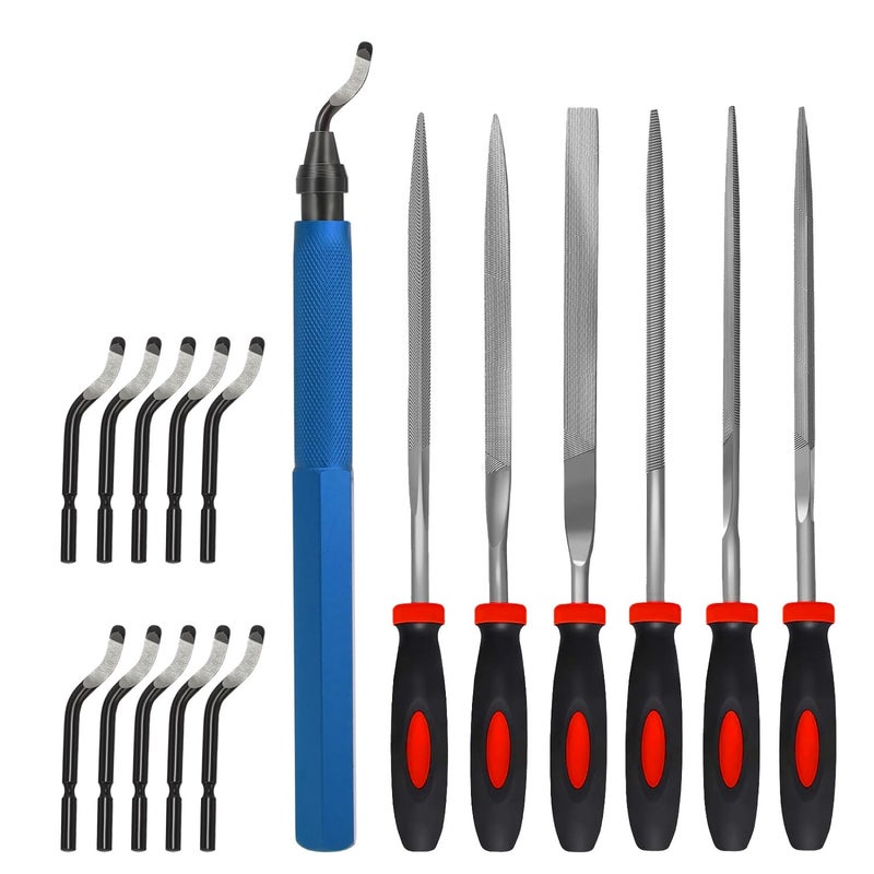 VASTOOLS Deburring Tool Kit,with 6Pcs Needle Files. 6-1/2" Metal Handle Chamfer Tool for Resin Aluminum Brass Plastic Pipes Tube Hole 3D Art with Extra 10 HSS Blades - Image 1